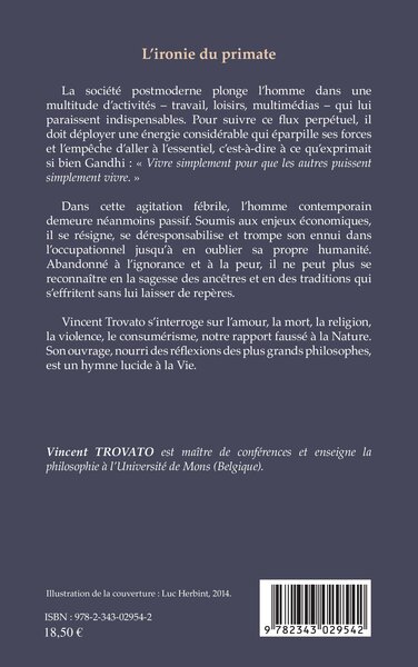 L'ironie du primate, Essais philosophiques (9782343029542-back-cover)