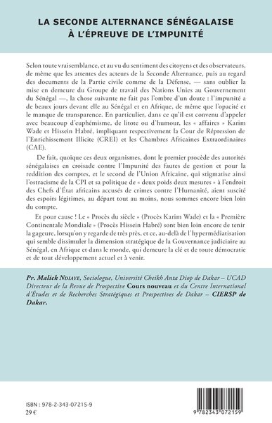 La seconde alternance sénégalaise à l'épreuve de l'impunité, Equations Karim Wade et Hissein Habré, CREI et CAE (9782343072159-back-cover)