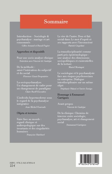 Sociologie et psychanalyse, Quelle praxis, quelle clinique ? - N°21 (9782343078540-back-cover)