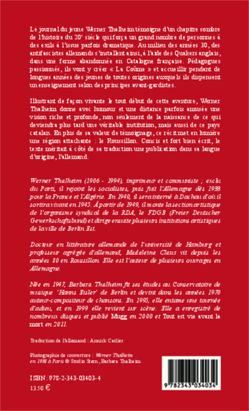 Une communauté d'antifascistes allemands dans les Pyrénées orientales 1934-1937, La Coûme-Mosset - Bilingue français-allemand (9782343034034-back-cover)