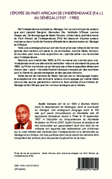 L'épopée du Parti Africain de l'Indépendance (P.A.I.) au Sénégal (1957-1980) (9782343011820-back-cover)