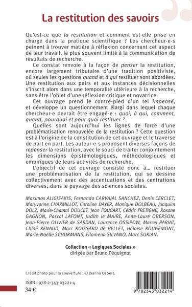 La restitution des savoirs, Un impensé des sciences sociales? (9782343032214-back-cover)