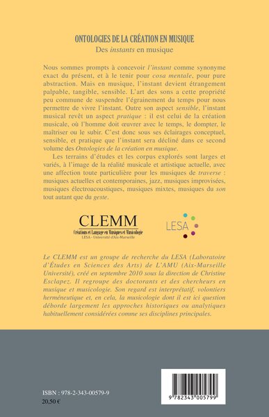 Ontologies de la création en musique (Volume 2), Des instants en musique (9782343005799-back-cover)