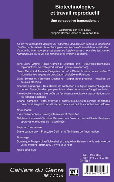 Cahiers du Genre, Biotechnologies et travail reproductif, Une perspective transnationale (9782343035581-back-cover)