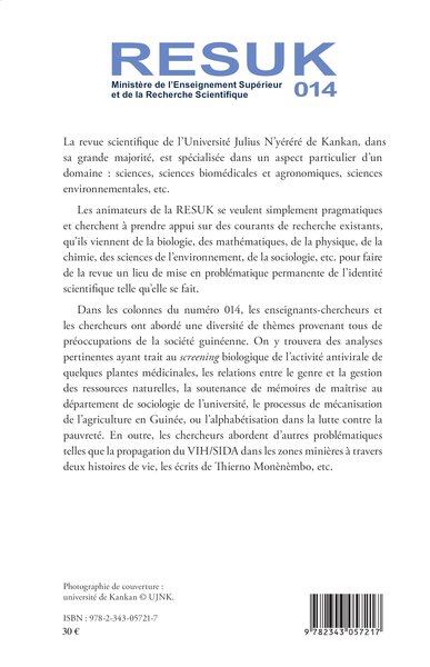 Revue Scientifique de l'Université Julius N'yéréré de Kankan, Resuk 14 (9782343057217-back-cover)