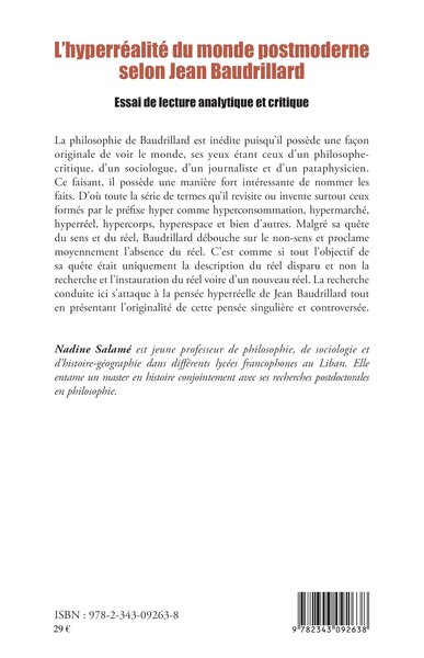 L'hyperréalité du monde postmoderne selon Jean Baudrillard, Essai de lecture analytique et critique (9782343092638-back-cover)