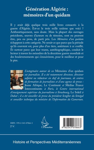 Génération Algérie : mémoires d'un quidam (9782343078663-back-cover)