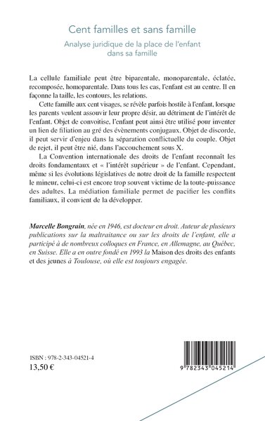 Cent familles et sans famille, Analyse de la place juridique de l'enfant dans sa famille (9782343045214-back-cover)