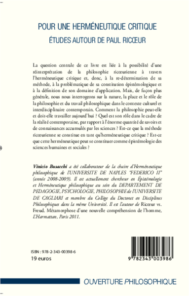 Pour une herméneutique critique, Etudes autour de Paul Ricoeur (9782343003986-back-cover)