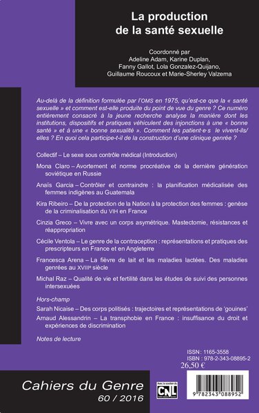 Cahiers du Genre, La production de la santé sexuelle (9782343088952-back-cover)