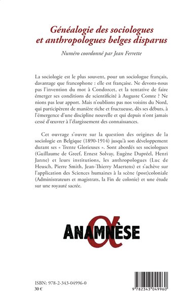 ANAMNESE, Généalogie des sociologues et anthropologues belges disparus (9782343049960-back-cover)