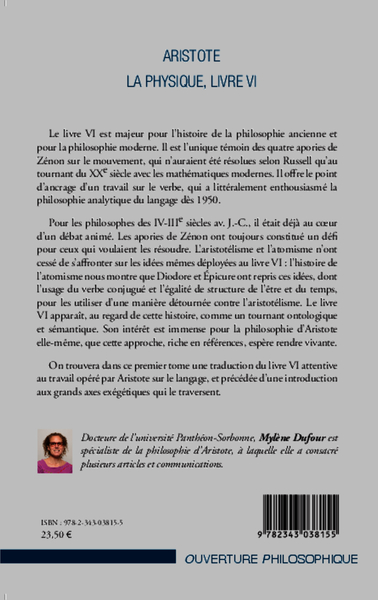 Aristote La Physique, livre VI, Tome 1 : Introduction et traduction (9782343038155-back-cover)