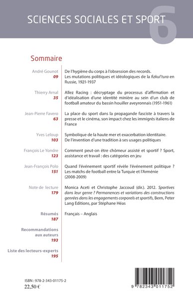 Sciences Sociales et Sport, Sciences Sociales et Sport n° 6 (9782343011752-back-cover)