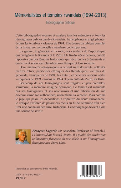Mémorialistes et témoins rwandais (1994-2013), Bibliographie critique (9782343022741-back-cover)