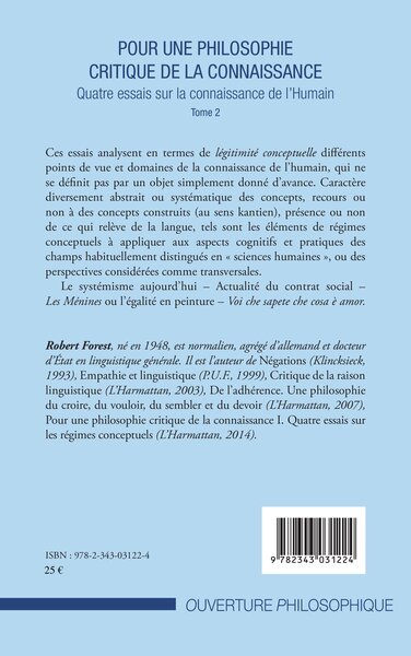 Pour une philosophie critique de la connaissance, Quatre essais sur la connaissance de l'Humain - Tome 2 (9782343031224-back-cover)