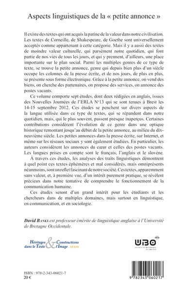 Aspects linguistiques de la "petite annonce" (9782343060217-back-cover)