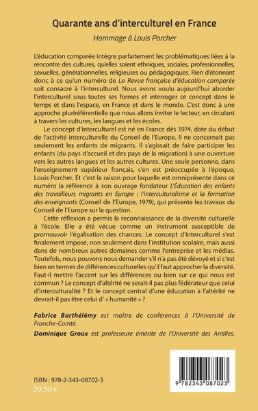 Revue française d'éducation comparée, Quarante ans d'interculturel en France, Hommage à Louis Porcher (9782343087023-back-cover)