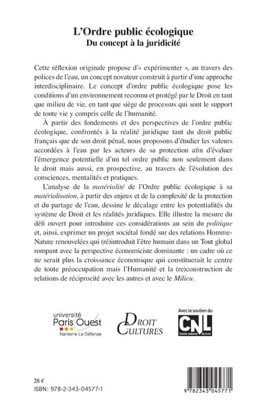 Droit et Cultures, L'Ordre public écologique, Du concept à la juridicité (9782343045771-back-cover)