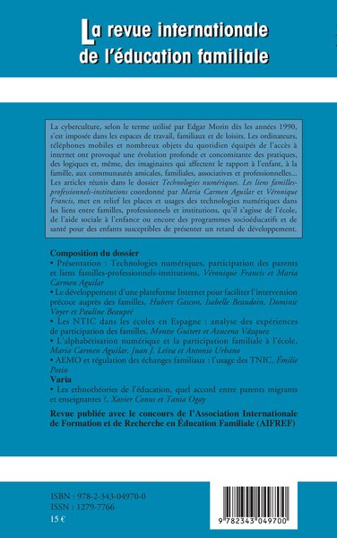 Revue internationale de l'éducation familiale, Technologies numériques, Les liens familles-professionnels-institutions (9782343049700-back-cover)