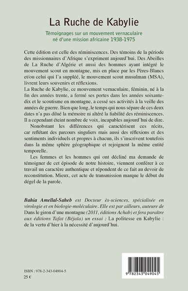 La Ruche de Kabylie, Témoignages sur un mouvement vernaculaire né d'une mission africaine - 1938-1975 (9782343049045-back-cover)