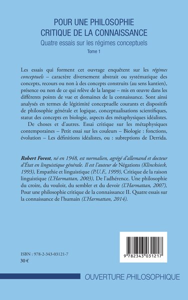 Pour une philosophie critique de la connaissance, Quatre essais sur les régimes conceptuels - Tome 1 (9782343031217-back-cover)