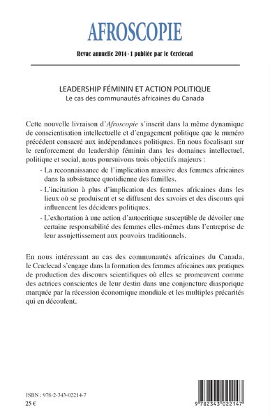 Afroscopie, Leadership féminin et action politique, Le cas des communautés africaines du Canada (9782343022147-back-cover)