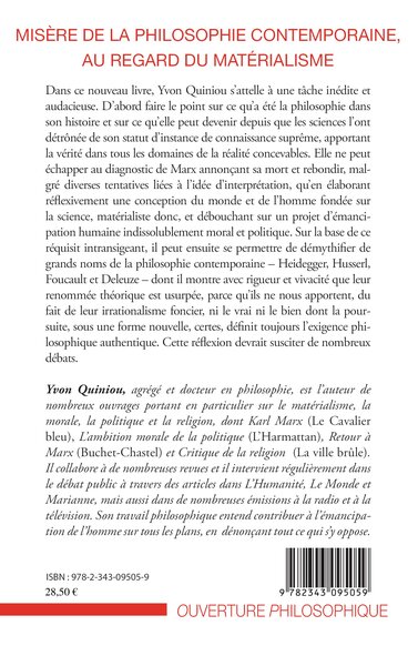 Misère de la philosophie contemporaine, au regard du matérialisme, Heidegger, Husserl, Foucault, Deleuze (9782343095059-back-cover)