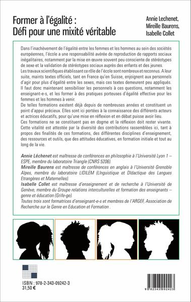 Former à l'égalité : Défi pour une mixité véritable, Annie Lechenet, Mireille Baurens, Isabelle Collet (9782343092423-back-cover)