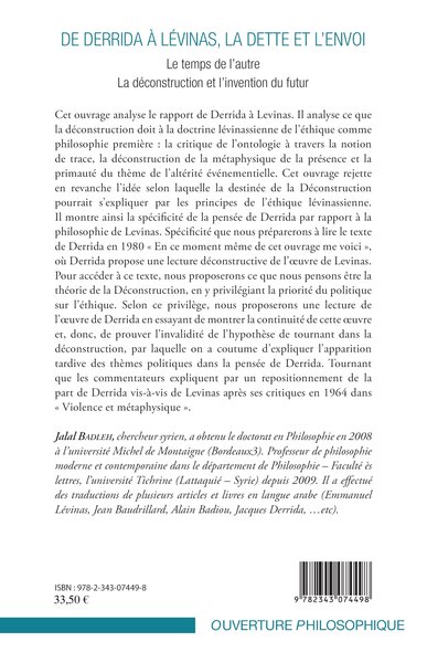 De Derrida à Lévinas, la dette et l'envoi, Le temps de l'autre - La déconstruction et l'invention du futur (9782343074498-back-cover)
