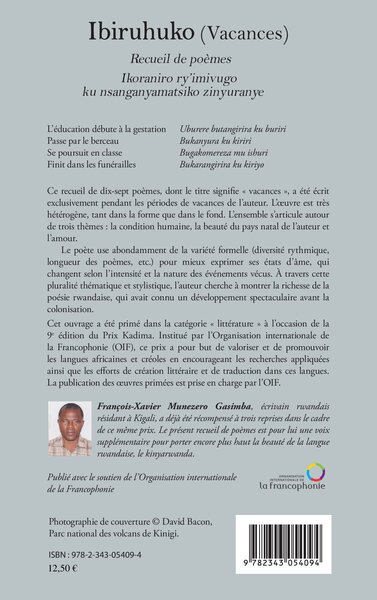 Ibiruhuko (Vacances) Recueil de poèmes, Ikoraniro ry'imivugo ku nsanganyamatsiko zinyuranye - Prix Kadima 2013 - Livre entièreme (9782343054094-back-cover)