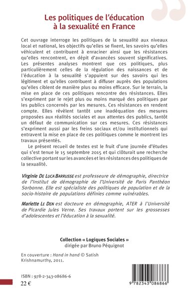 Les politiques de l'éducation à la sexualité en France, Avancées et résistances (9782343086866-back-cover)