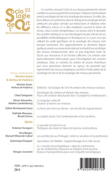 Sociologie de l'Art, Sociologie de l'art et analyse des réseaux sociaux, Sociology of Art and Social Network Analysis - Opus - S (9782343090795-back-cover)