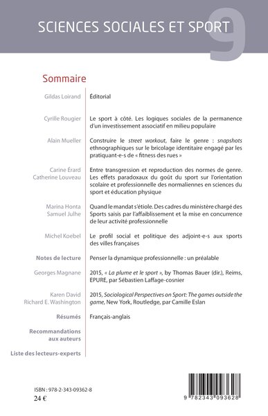 Sciences Sociales et Sport, Sciences sociales et sport n°9 (9782343093628-back-cover)