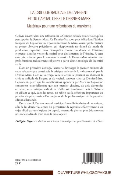 La critique radicale de l'argent et du capital chez le dernier-Marx, Matériaux pour une refondation du marxisme (9782343047058-back-cover)