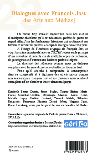 Cahiers du CIRCAV, Dialogues avec François Jost (des Arts aux Médias) (9782343025773-back-cover)