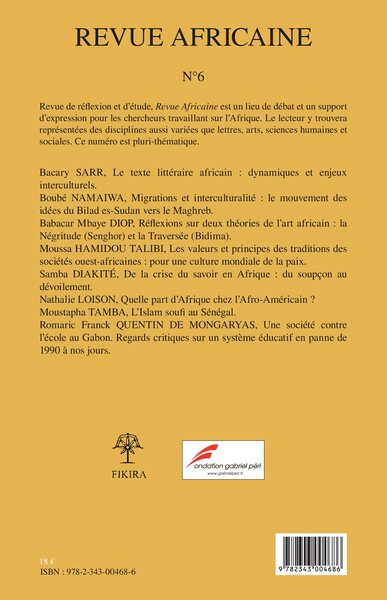 Revue africaine, Revue africaine n°6, Lettres, arts, sciences humaines et sociales (9782343004686-back-cover)