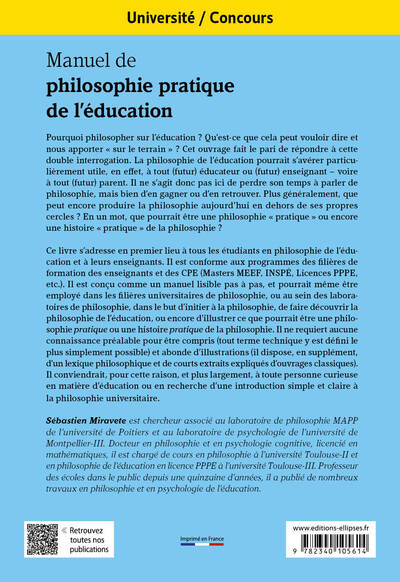 Manuel de philosophie pratique de l'éducation, Université. Concours. (9782340105614-back-cover)
