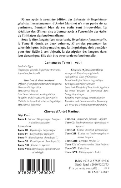 Oeuvres (Tome II, Volume 1), Linguistique fonctionnelle, Linguistique structurale - Structure et fonction (9782875250926-back-cover)