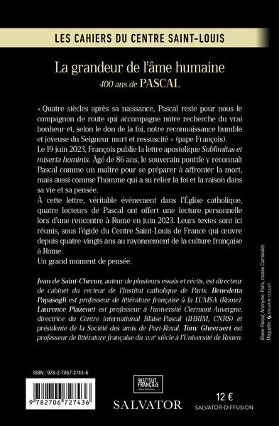 La grandeur de l'âme humaine, 400 ans de Pascal (9782706727436-back-cover)