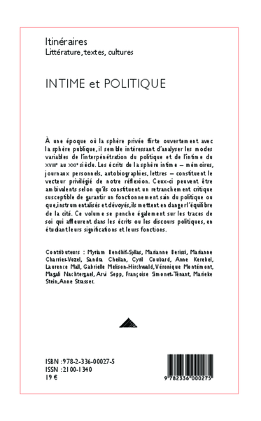 Itinéraires Littérature, textes, cultures, Intime et politique (9782336000275-back-cover)