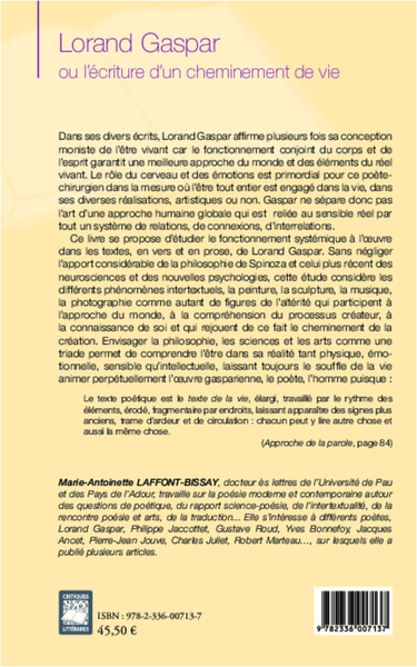 Lorand Gaspar ou l'écriture d'un cheminement de vie, La "force d'exister en tant que corps et pensée" (9782336007137-back-cover)