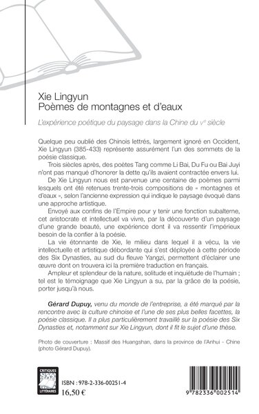 Xie Lingyun Poèmes de montagnes et d'eaux, L'expérience poétique du paysage dans la Chine du Ve siècle (9782336002514-back-cover)