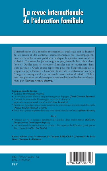Revue internationale de l'éducation familiale, Scolarités des jeunes migrants, Enjeux et défis (9782336004174-back-cover)