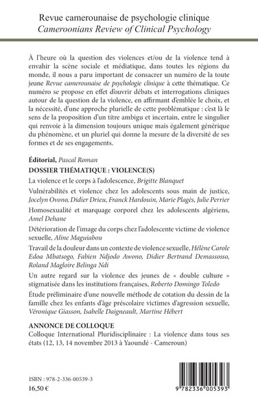 Revue camerounaise de psychologie clinique/Cameroonians Review of Clinical Psychology, Violence(s) (9782336005393-back-cover)