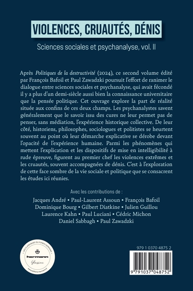 Violences, Cruautés, Dénis, Sciences sociales et psychanalyse, vol. II (9791037048752-back-cover)