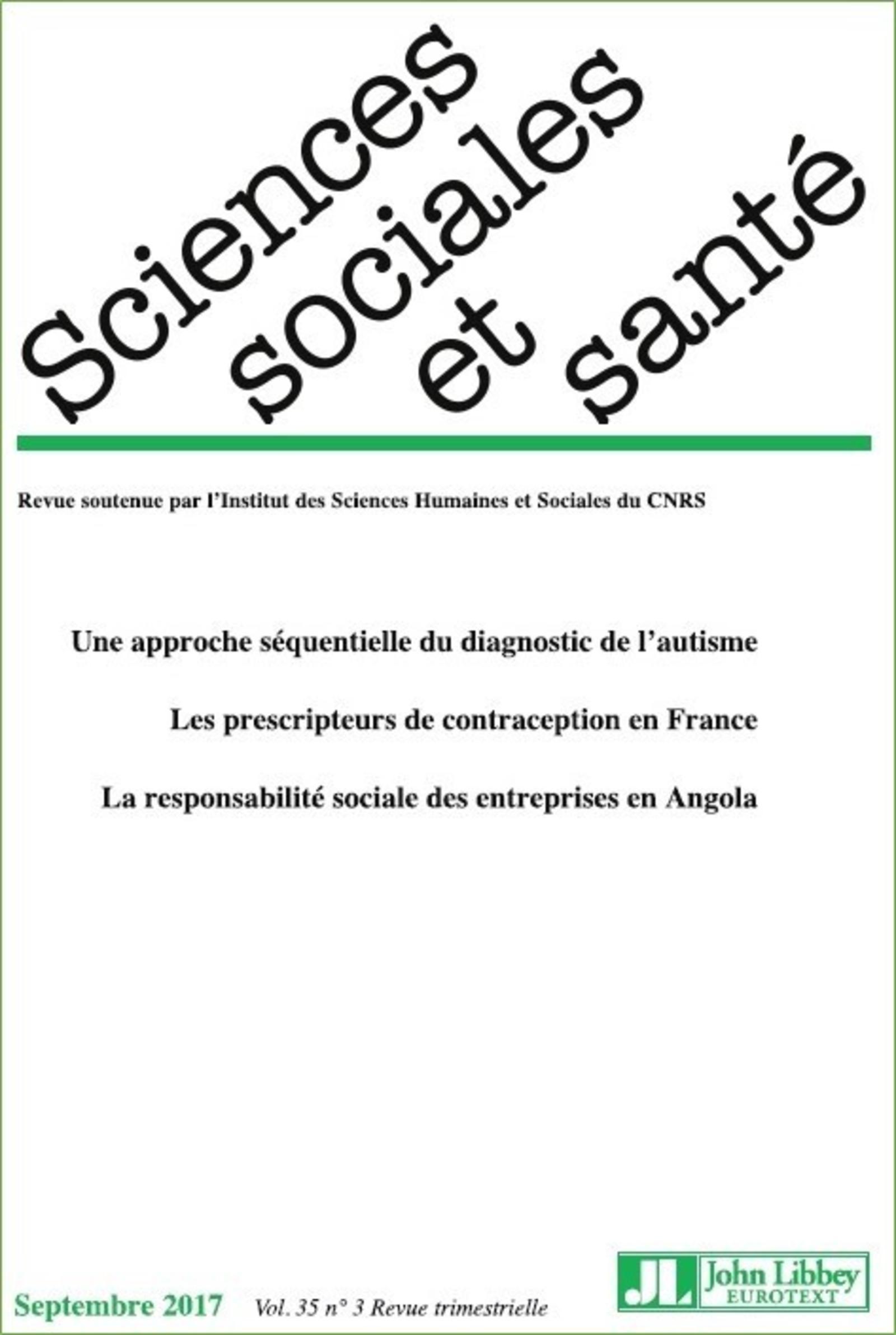 Revue Sciences Sociales et Santé - Volume 35 n°3 - Septembre 2017, Une approche séquentielle du diagnostic de l'autisme. Les pre (9782742015207-front-cover)