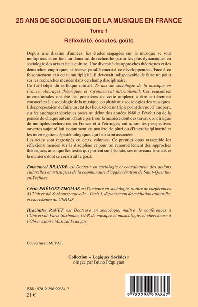 25 ans de sociologie de la musique en France (Tome 1), Réflexité, écoutes, goûts (9782296996847-back-cover)
