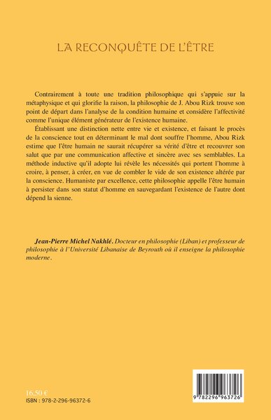 La reconquête de l'être, Essai sur la marginalisation de la conscience dans l'oeuvre de Joseph Abou Rizk (9782296963726-back-cover)