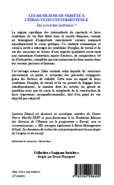 Les musiciens de variété à l'épreuve de l'intermittence, Des précarités maîtrisées ? (9782296998490-back-cover)