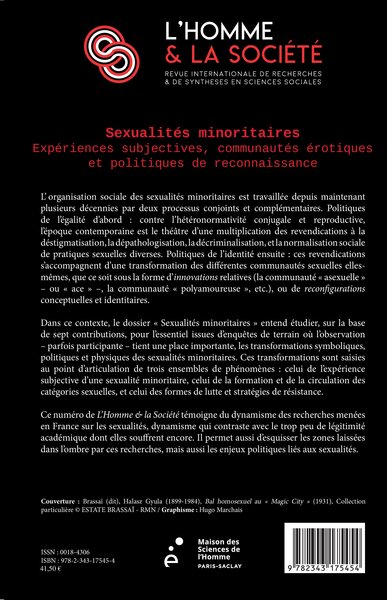 L'Homme et la Société, Sexualités minoritaires, Expériences subjectives, communautés érotiques et politiques de reconnaissance (9782343175454-back-cover)